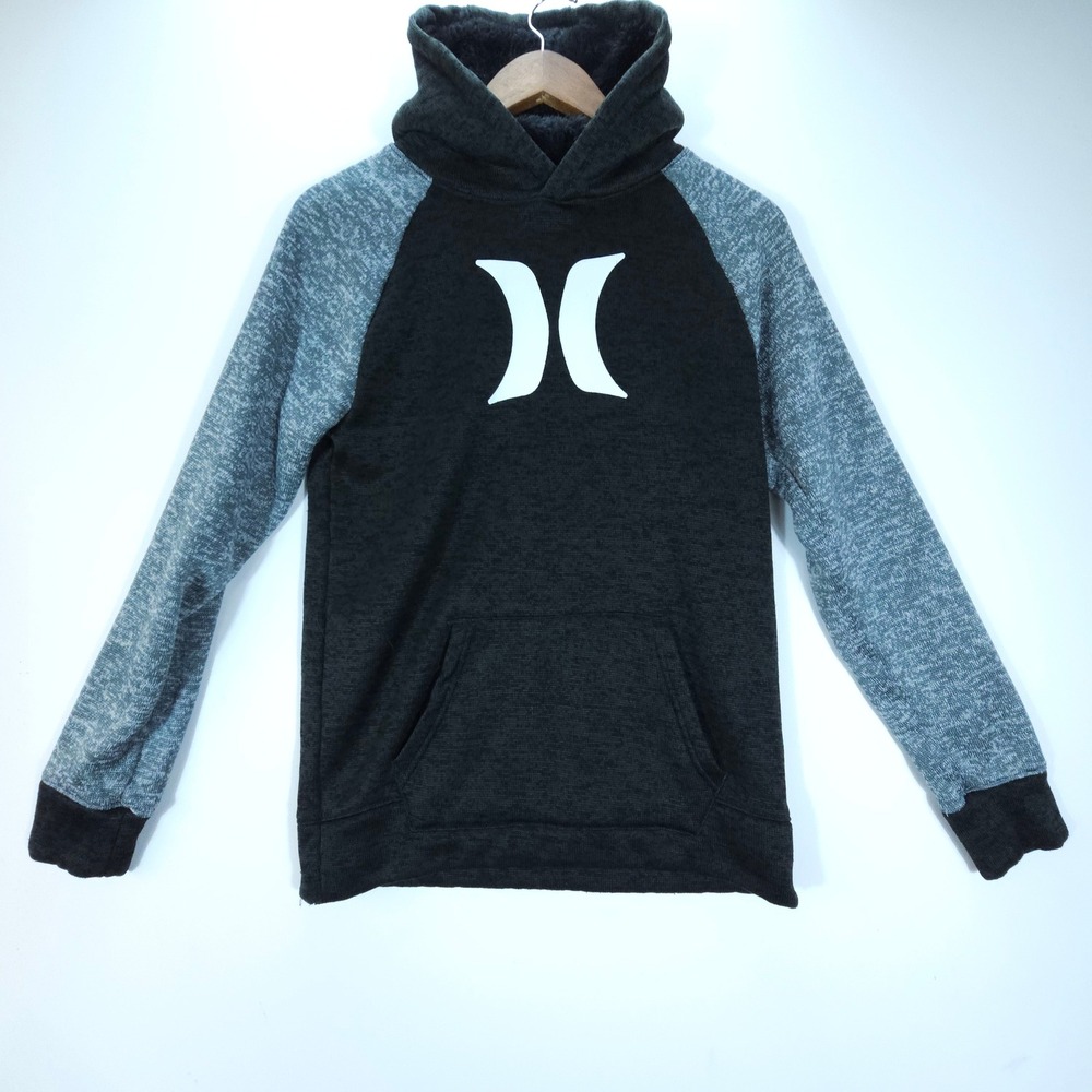 Hurley Hoodie Boys XL Black Gray Skate Sherpa Lined Pullover Streetwear Raglan